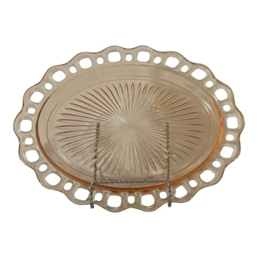 Old Colony Lace Edge Open Lace Pink Depression Glass Platter 13"x10" Depression
